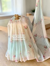 Ombre Dyed Floral Printed Pure Linen Saree