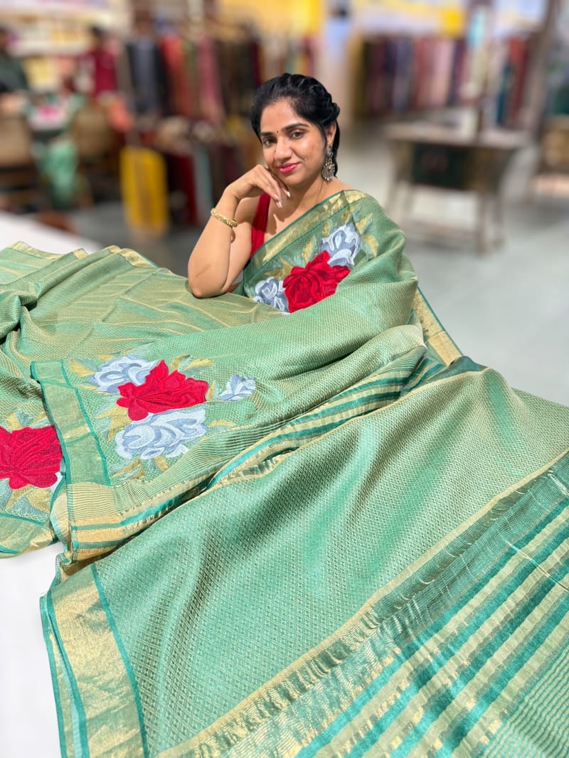 Emerald Green Tussar Brocade Saree With Statement Red Rose Embroidery. SS50471