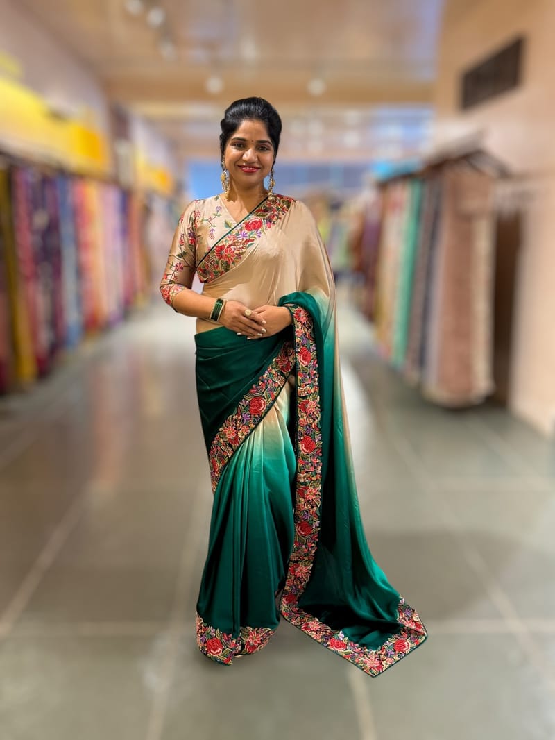 Chickoo and emerald Green Pure Satin Ombre Dyed Saree with Petite Point Embroidered Border and blouse.