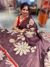 Brown Designer Organza with Tissue applique work