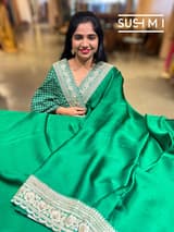 Emerald Green Satin Saree with sabyasachi borders : D62F045