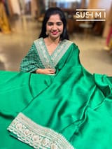 Emerald Green Satin Saree with sabyasachi borders : D62F045