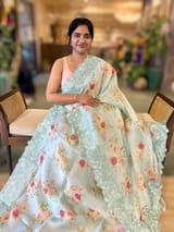 SeaBlue Printed Organza Saree With Chantilly Lace Style Embroidered Border SS50318
