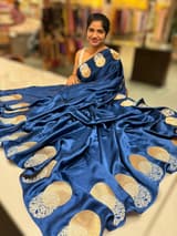 Peacock Blue Pure Satin Saree with embroidered border and blouse SS5023