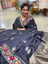 Black mysore silk with embroidered border S62F115