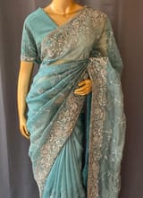 Peacock Blue Pure Organza heavy allover Handwork Saree