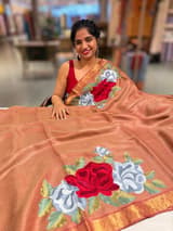 Rust Tussar Brocade Saree With Statement Red Rose Embroidery. SS50470
