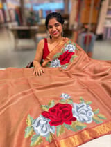 Rust Tussar Brocade Saree With Statement Red Rose Embroidery. SS50470