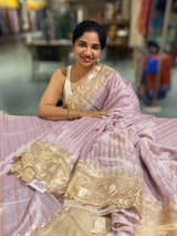 Lilac Mul Tissue Stripes Saree With Tissue Cutwork  Border & Blouse
