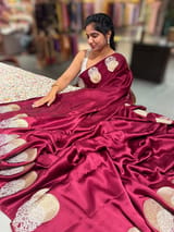 Maroon Pure Satin Saree with embroidered border and blouse
