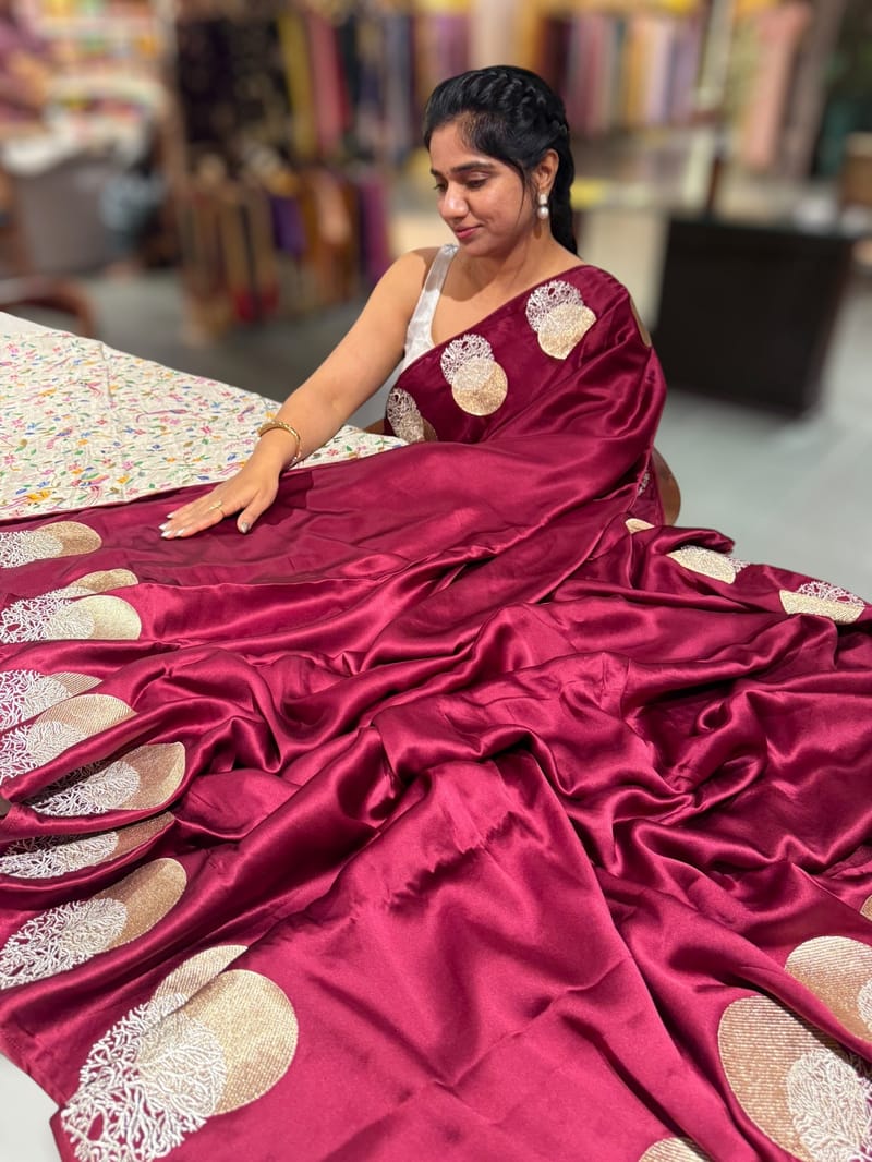 Maroon Pure Satin Saree with embroidered border and blouse