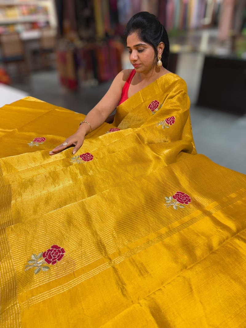 Yellow Banarasi Silk Tissue stripes Saree with embroidery SS50616