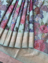 Mint Pure Handloom Chiniya Silk Saree with stunning Floral Print and zari borders SS50102