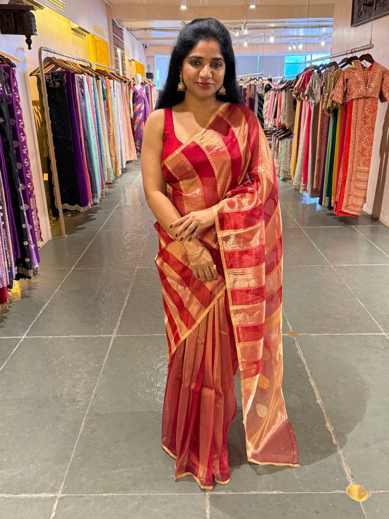 Red Banarasi handloom tissue stripe saree SS50388