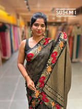 Black mysore silk with embroidered border S62F060