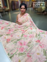 Peach Pink printed georgette saree with handwork : S62F196