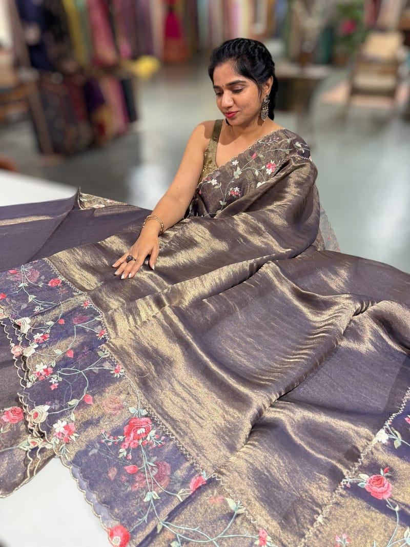Dark violet Pure Tissue Saree with embroidered border