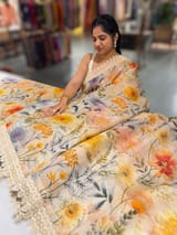 Beige Organza 3D floral Printed Saree hemlined with crotia lace SS50305