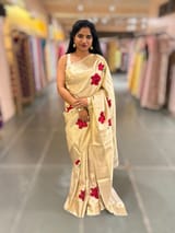 Ivory Kanjeevaram Brocade Saree With Hibiscus Floral bunches embroidery SS50195