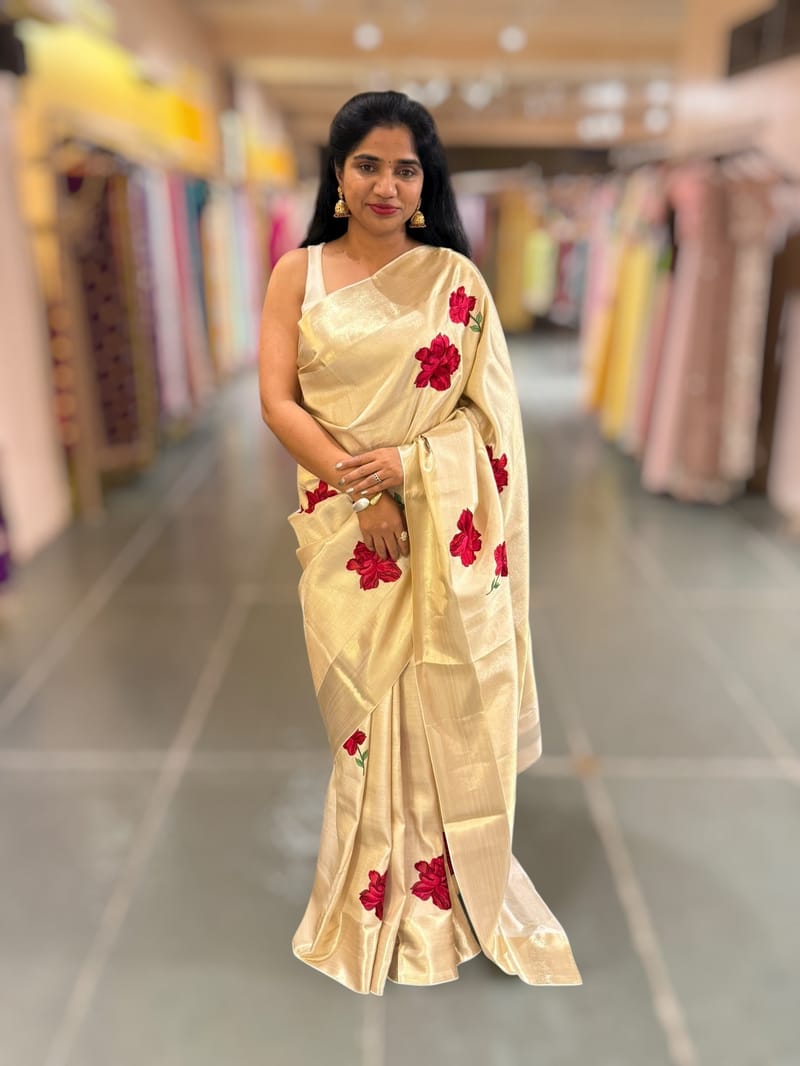 Ivory Kanjeevaram Brocade Saree With Hibiscus Floral bunches embroidery SS50195