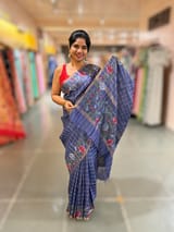 Cobalt Blue pure handloom Tussar Vintage Checks Saree with Jamdani inspired embroidered border SS50467