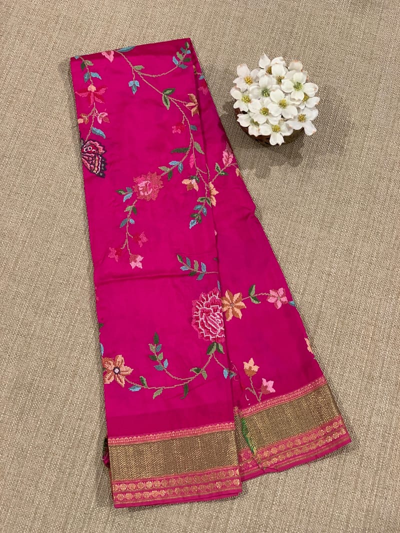 Rani pink petite point embroidered kanchi silk blouse