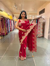 Red Pure Satin Saree with Heavy zardosi handwork