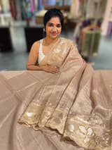 Beige Mul Tissue Stripes Saree With Tissue Cutwork  Border & Blouse