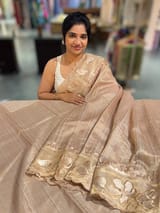 Beige Mul Tissue Stripes Saree With Tissue Cutwork  Border & Blouse
