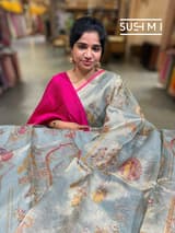 Dusty Blue Banarasi printed Tissue saree with handwork D62F055