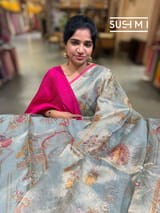 Dusty Blue Banarasi printed Tissue saree with handwork D62F055