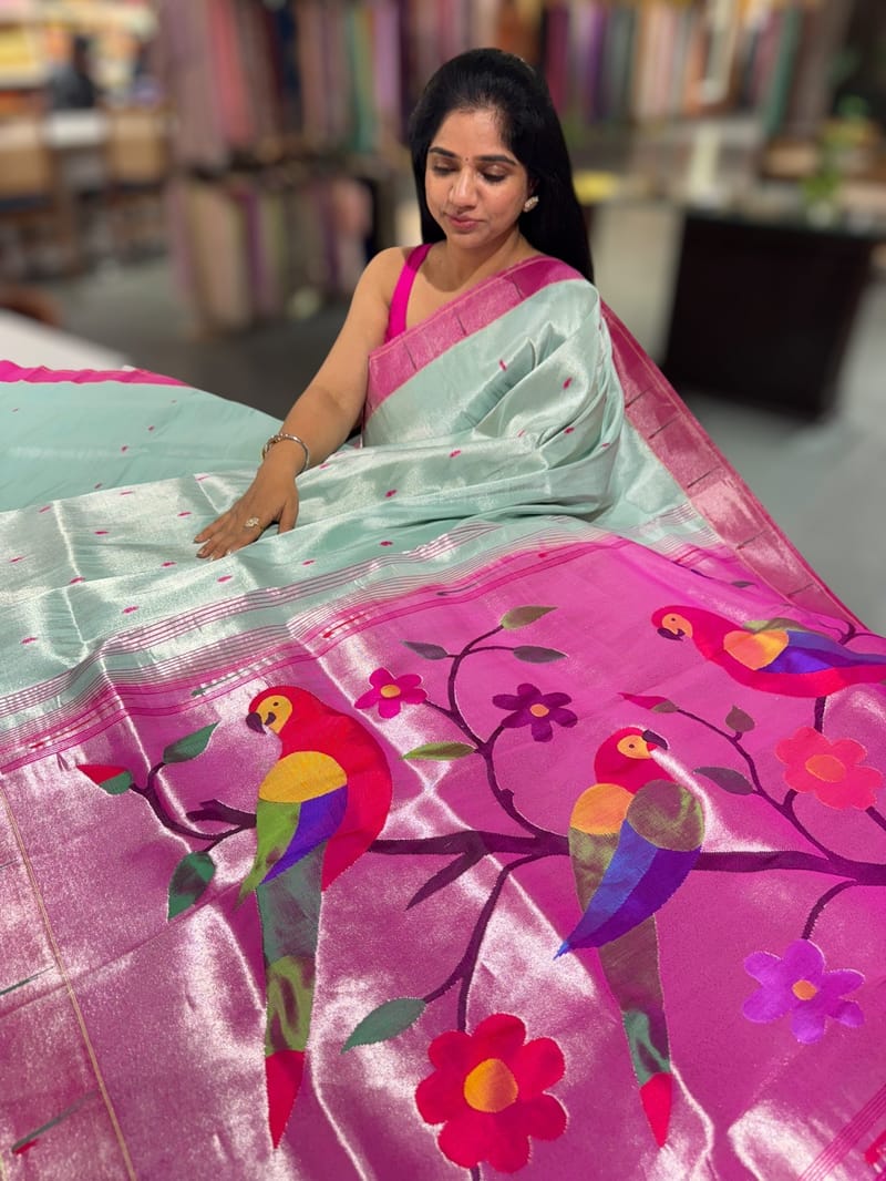 Mint Blue Pure handloom paithani tissue  saree