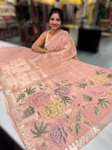 Peach Pink Tissue Georgette Saree with petite point emb SS50110