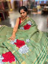 Emerald Green Tussar Brocade Saree With Statement Red Rose Embroidery. SS50471