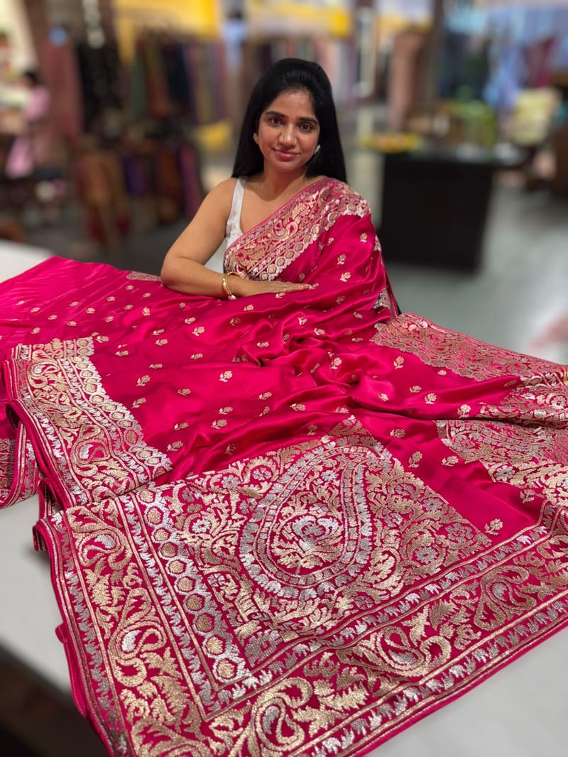 Dark Pink Pure Mashru Satin Saree with embroidery SS5019