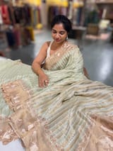 Mint Green Mul Tissue Stripes Saree With Tissue Cutwork  Border & Blouse