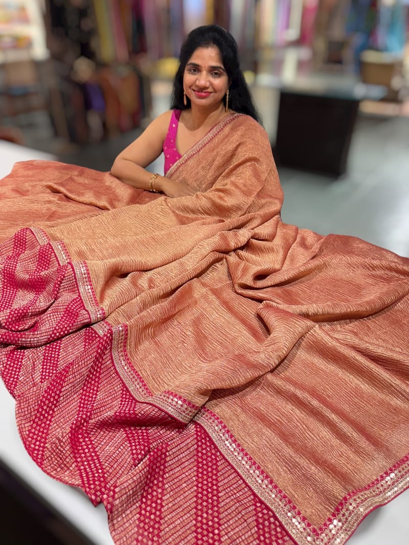 Pink Pure Handloom Crush Tissue Saree with Munga Silk skirt borders & Sabhya borders SS50396
