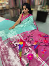 Mint Green Pure handloom paithani tissue stripes saree SS50375