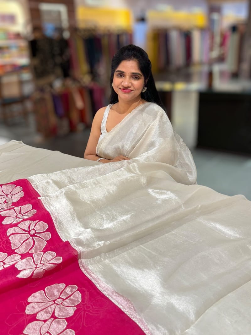 silver Banarasi Tissue saree with Pink organza applique work border SS50228