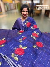 Purplish Blue muslin tissue stripes saree with hibuscus emb