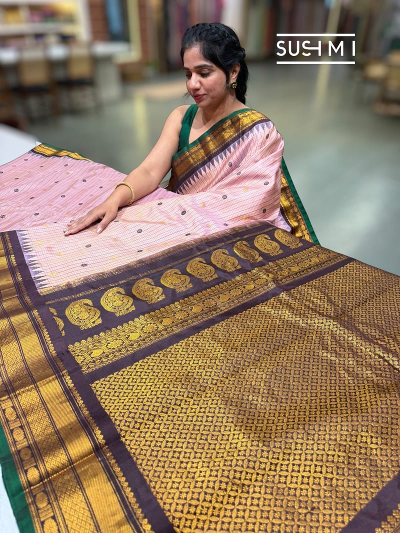 Pastel Pink vintage checks Gadwal Silk Saree : S62F213