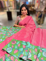 Pink Handloom Mul Tissue & Pen kalamkari fusion Saree