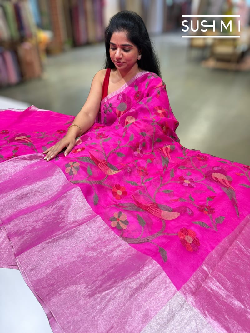 Fuschia Pink Pure Organza Saree with pythani embroidery : S62F162