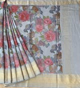 Dusty Blue Pure Handloom Chiniya Silk Saree with stunning Floral Print and zari borders SS50103