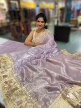 Lilac Mul Tissue Stripes Saree With Tissue Cutwork  Border & Blouse