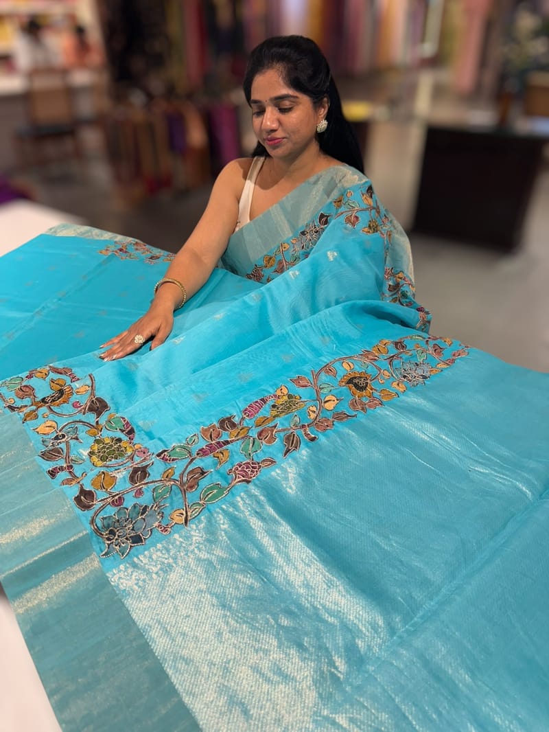 Teal Blue chanderi silk cotton saree with kalamkari applique border SS50529