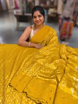 Mustard Cambodian–inspired Ikkat Silk Saree with cutwork Rose Border SS50345