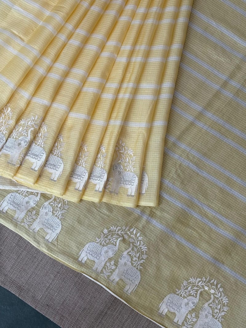 Pastel Yellow Designer Silk kota saree with elephant embroidered border SS50266