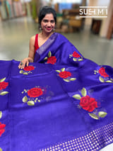 Purple Muslin Saree with Pocket Sequins & Hibiscus Embroidery