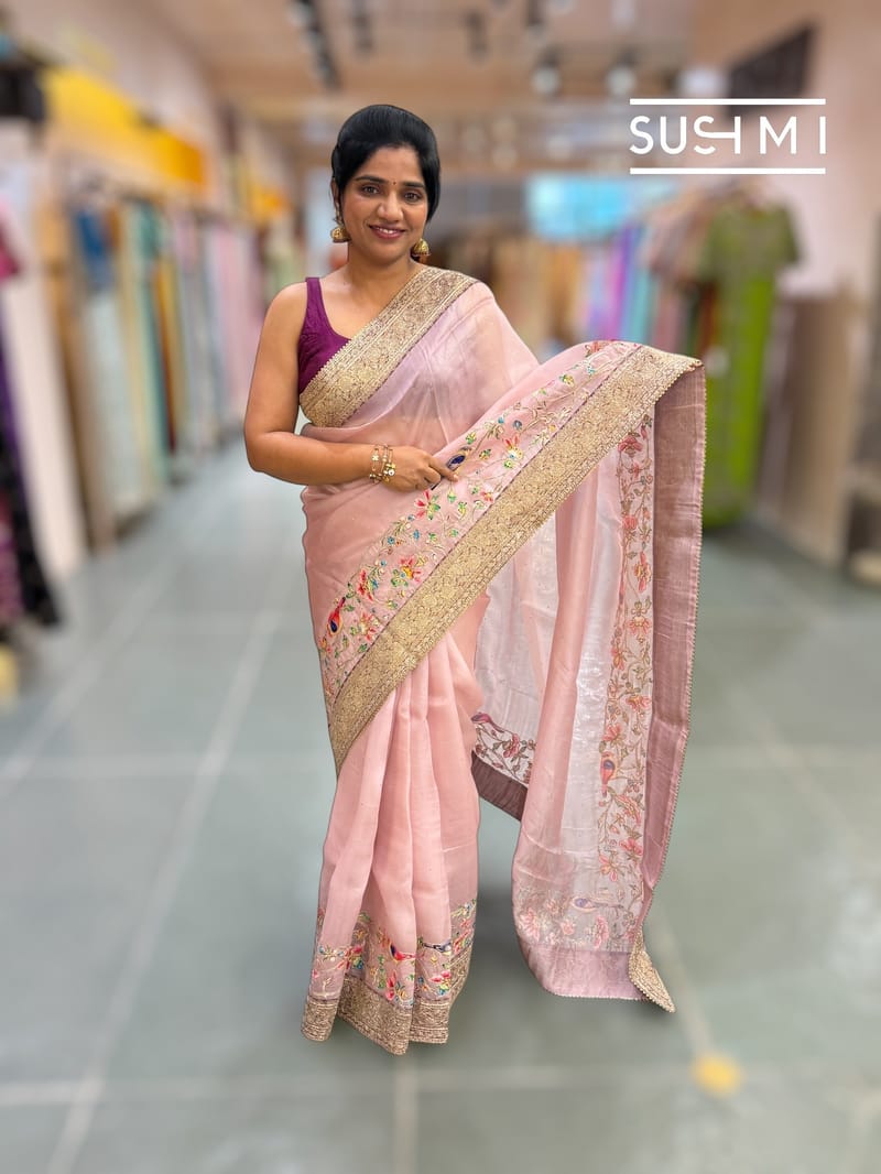 Dusty Pink Organza Banarasi Fusion Saree with Bird Appliqué